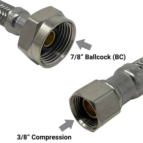 Close-up of Toilet Angle Shut Off Valve Set With Escutcheon Plate And 12-Inch Stainless Steel Braided Water Supply Line connections