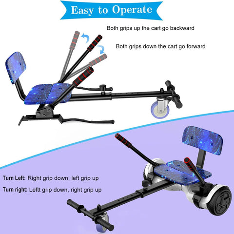 Go Kart Seat Attachment For Hoverboards, Adjustable Hoverboard Cart Kit Fits 6.5in 8in And 10in Hoverboards in Star Blue with instructions