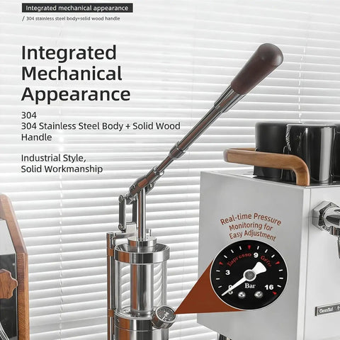 Portable Espresso Maker With Wooden Handle Hand Pressed Coffee Press For Travel showing stainless steel body and wood handle.