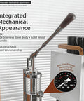 Straight Up Manual Espresso Machine Featuring 58 Millimeter Portafilter And 16 Bar Brewing Pressure Hand Press Coffee Maker solid wood and stainless steel design.