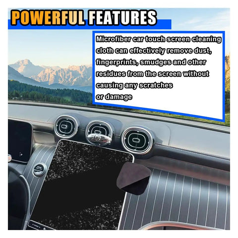 Ultra Soft Microfiber Car Touch Screen Cleaning Cloth on car dashboard with mountain view, showing streak-free wiping capability.