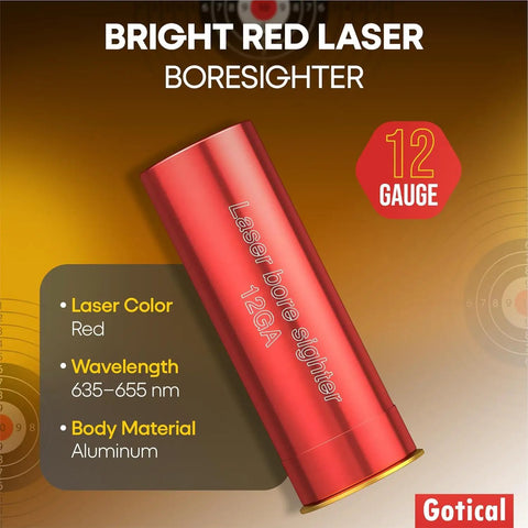 Premium 12 Gauge Laser Bore Sight For Shotguns Precision Red Dot Zeroing Aid Fast Lock Setup Straight Red Beam covers aluminum body.