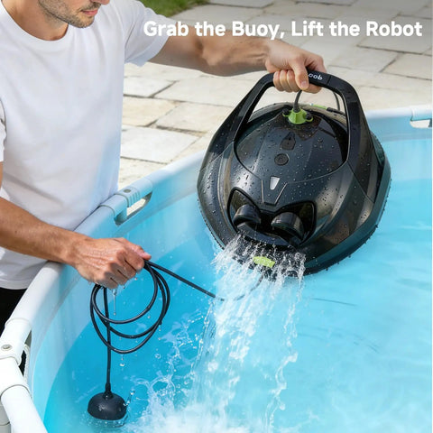 Person lifting Cordless Pool Vacuum Robot For Daily Pool Maintenance from water using floating buoy tether system.