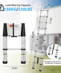10.5 Ft Aluminum Telescoping Ladder With One Button Retraction Collapsible Extension For Home RV Attic And Loft Supports Up To 330 Lbs With Non Slip Cushions Lightweight And Easy To Carry, 330 lb capacity