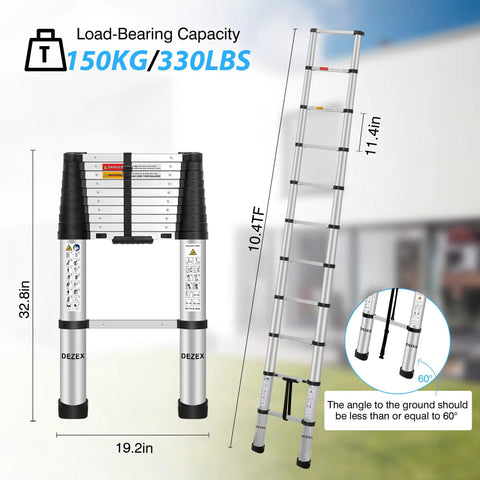 10.5 Ft Aluminum Telescoping Ladder With One Button Retraction Collapsible Extension For Home RV Attic And Loft Supports Up To 330 Lbs With Non Slip Cushions Lightweight And Easy To Carry, 330 lb capacity