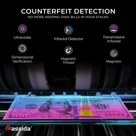 Ultra Fast Cash Counter With UV, MG And IR Counterfeit Detection features and sensor icons displayed.