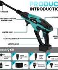 Cordless Portable Washer 800 PSI With Brushless Motor, six-in-one nozzle, parts layout showing various components and features.