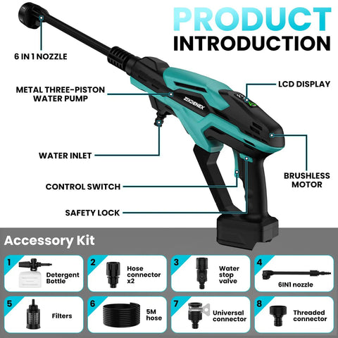 Cordless Portable Washer 800 PSI With Brushless Motor, six-in-one nozzle, parts layout showing various components and features.