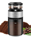 Flat Burr Coffee Grinder With 28 Custom Grind Levels For Espresso And Drip Brews with coffee beans and ground coffee.