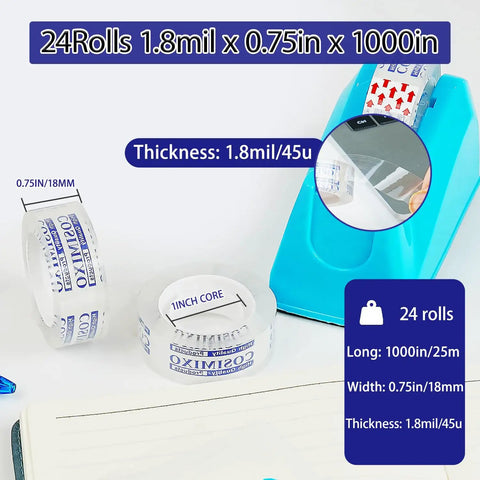 Crystal Clear Tape Refills Bulk Pack For Dispenser, 24 Rolls Of 0.75 Inch Wide By 1000 Inch Long Transparent Office And School Tape displayed near a dispenser.