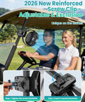 Massive 40000mAh Clip On Fan With Light 2 In 1 Portable USB Rechargeable Fan in use on a golf cart, showing screw clamp attachment.