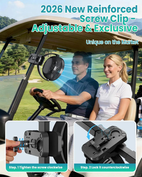 Massive 40000mAh Clip On Fan With Light 2 In 1 Portable USB Rechargeable Fan in use on a golf cart, showing screw clamp attachment.