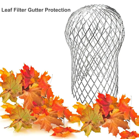 Six Pack Downspout Guard Filter Set Aluminum Gutter Strainer Mesh Screens Expandable Downspout Protector visible with leaves