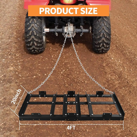 Drag Harrow Driveway Grader Heavy Duty Power Rake with chain tow behind ATV, 4ft wide, heavy-gauge welded steel on dirt road.