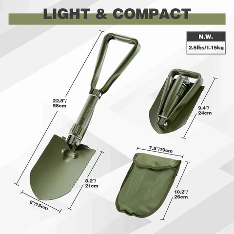 23 Inch Folding Camping Shovel With Cover High Manganese Steel Entrenching Tool Tri Fold Handle showing dimensions and cover