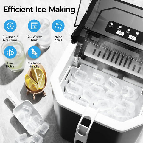 Countertop Bullet Ice Maker Delivers 26 Lbs Per Day Of Bullet Ice In 6 Minutes With Small And Large Ice Sizes, Self Cleaning