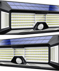 Crazy Bright Solar Motion Sensor Lights Outdoor With 298 LEDs Producing 2500 Lumens For Walls Posts Pathways And Gardens Up To 1600 Sq Ft Battery Powered 4400 mAh Two Pack featuring black casing and solar panels