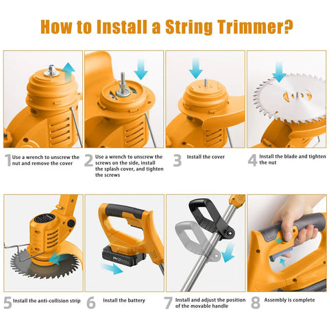 Step-by-step guide to install Cordless 21V String Trimmer With 2x2.0Ah Batteries And Charger Weed Wacker For Lawn Garden Grass Trimmer.