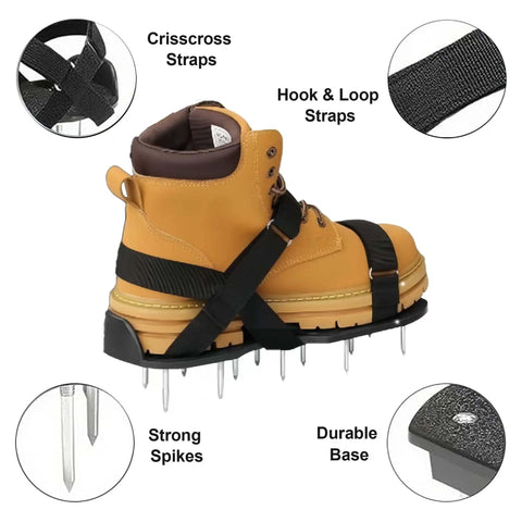 One Size Fits All Lawn Aerator Shoes with heavy duty spikes, crisscross and Velcro straps on a brown boot for garden aeration.
