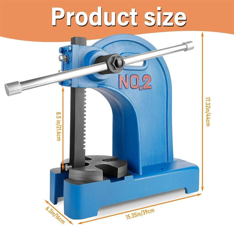 Solid Build Manual Arbor Press With Easy Spin Hand Wheel And Flip Ram, 2 Ton Squeeze dimensions, showing 8.5 inch stroke, blue cast iron material.