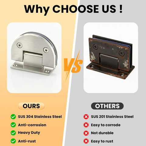 Comparison of brushed nickel 90-degree glass shower door hinge in SUS304 stainless steel vs. rusted SUS201 hinge