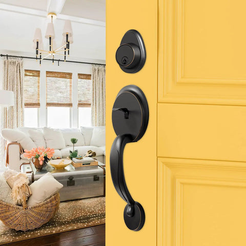 Double Door Lock Set With Handles And Dummy Front Door Handle on yellow exterior door in stylish living room