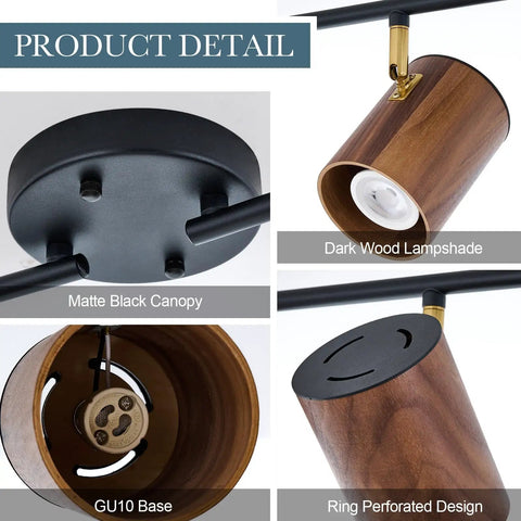 Modern 4 Light Track Lighting Kit With Dope Matte Black Finish And Natural Wood Lampshades Flexible 350 Degree Rotatable Heads Ceiling Light Fixture For Kitchen Hallway And Living Room Industrial Style Illumination