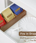 Three Compartment Wooden Tea Bag Box With Handle Acacia Wood Caddy For Tea Bags Sugar Packets Creamers And More Go To Countertop Organizer For Beverage Supplies Perfect Kitchen Desk Storage, fits neatly in a drawer with tea bags.