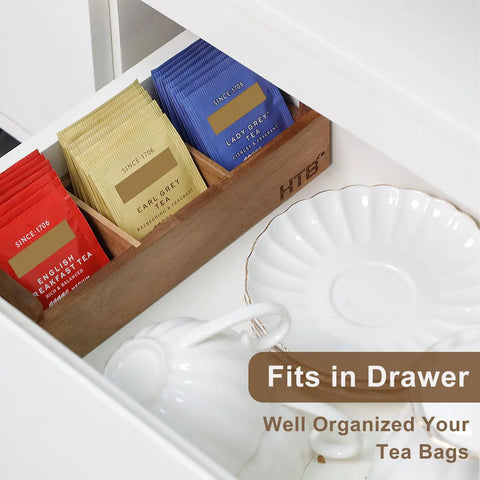 Three Compartment Wooden Tea Bag Box With Handle Acacia Wood Caddy For Tea Bags Sugar Packets Creamers And More Go To Countertop Organizer For Beverage Supplies Perfect Kitchen Desk Storage, fits neatly in a drawer with tea bags.