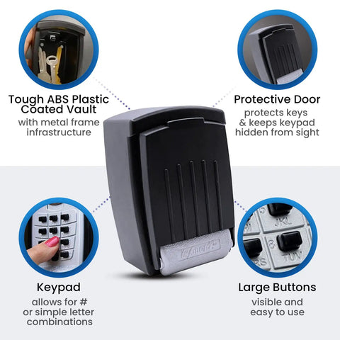 Easy Access Key Storage Wall Mount Lock Box in Black with Push Button Entry showing protective door and keypad details