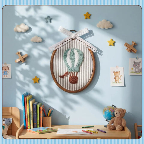 Vintage Hot Air Balloon Wall Art For Nursery And Kids Rooms, Framed Decor With Bow in cozy felt and rattan, blue backdrop