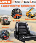 Heavy Duty Forklift Seat For Mowers And Industrial Equipment with 160 Degree Adjustable Backrest, shown with applications.
