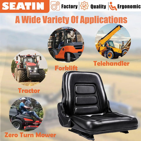Heavy Duty Forklift Seat For Mowers And Industrial Equipment with 160 Degree Adjustable Backrest, shown with applications.