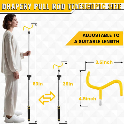 Telescoping Drapery Pull Rod 36 To 63 Inches, Heavy Duty Stainless Steel Curtain Wand With Soft Sponge Grip, Lightweight Extension Pole For Curtains, Black And Yellow shown with adjustable length