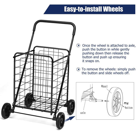 Beefed Up Folding Shopping Cart With Wheels For Groceries And Laundry showing wheel attachment instructions