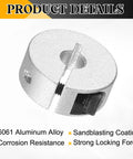 Close-up of single split clamp collar showing 5mm bore, 8mm thick 6061 aluminum with set screw for industrial machinery.