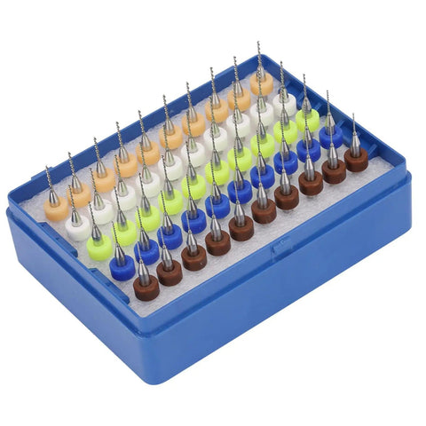 Pro Grade Carbide Micro Drill Bits Set 50Pcs 0.5-0.9mm Spiral Flute Engraving Tools in blue box