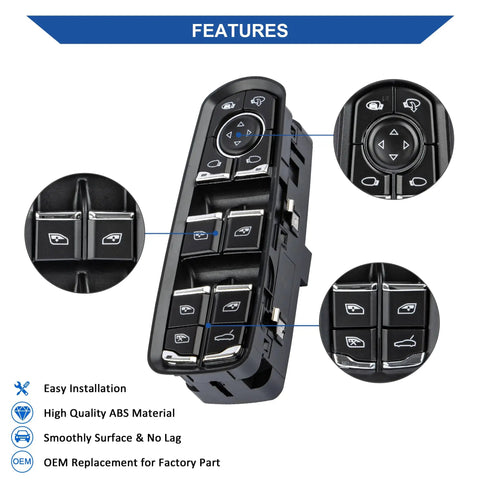 Image of Master Power Window Switch Driver Side Replacement For Porsche Macan 2015 2018 Panamera 2011 2016 Cayenne 2011 2018 Replaces OEM 7PP959858AEDML Easy Install Durable Auto Window Control Button For Up And Down showing installation features.