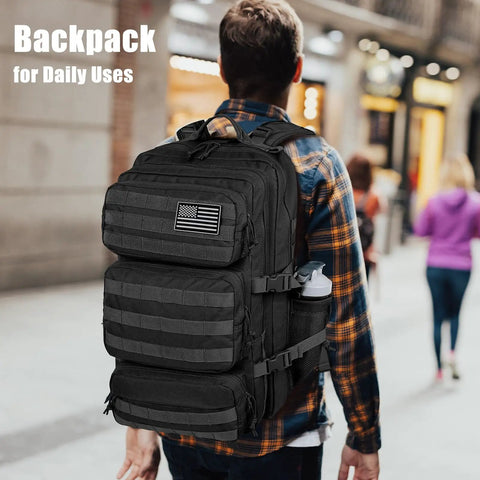 Person wearing 50L Military Tactical Backpack For Men With Molle System Large Daypack 3 Day Assault Pack Bug Out Bag Water Resistant