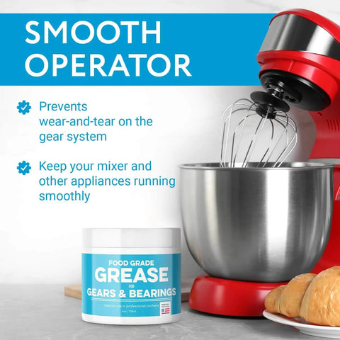 High Viscosity Food Grade Grease for Stand Mixers and Kitchen Appliances, jar next to red mixer on kitchen counter, USA made