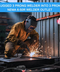 Heavy Duty 250V Welder Extension Cord 40 Ft in use with NEMA 6-50, lighted end, welding sparks in industrial setting