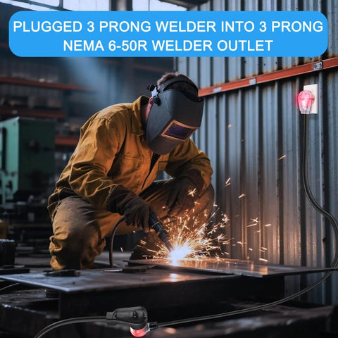 Heavy Duty 250V Welder Extension Cord 40 Ft in use with NEMA 6-50, lighted end, welding sparks in industrial setting