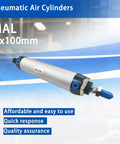 Pneumatic air cylinder MAL 32x100mm with blue fittings on display, showcasing affordability and quality assurance features.