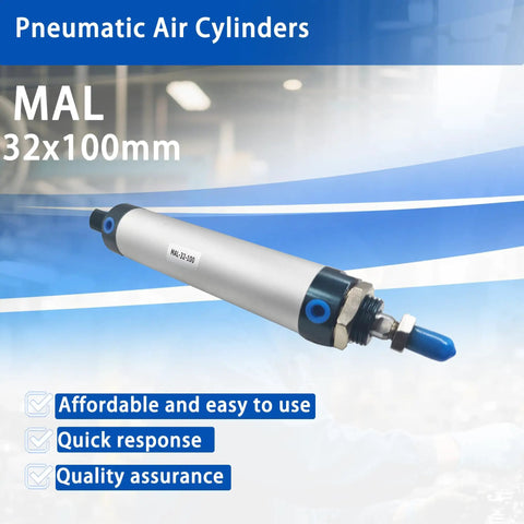 Pneumatic air cylinder MAL 32x100mm with blue fittings on display, showcasing affordability and quality assurance features.