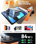 Ultra Compact 4 In 1 Retractable Car Charger With 84W USB C Fast Charging For iPhone 17 16 15 14 13 displayed with devices