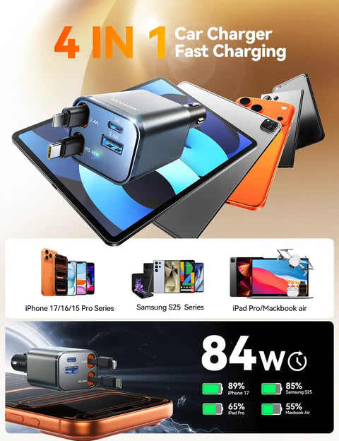 Ultra Compact 4 In 1 Retractable Car Charger With 84W USB C Fast Charging For iPhone 17 16 15 14 13 displayed with devices