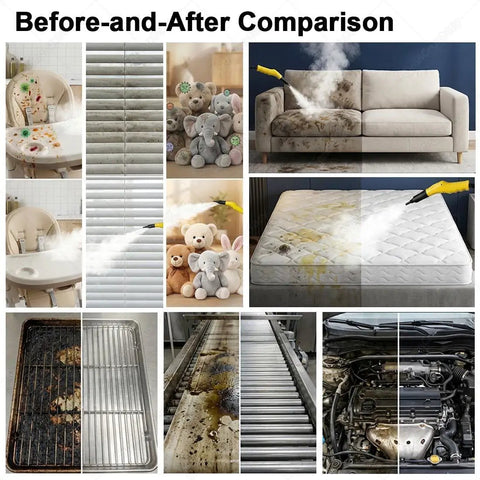 Before-and-after cleaning results using Premium Stainless Steel Steam Cleaner With 3.5 Liter Tank And Quick Heat Up For Deep Cleaning Floors, Carpets, And Tile Grout With Six Attachments For Easy Home Maintenance.