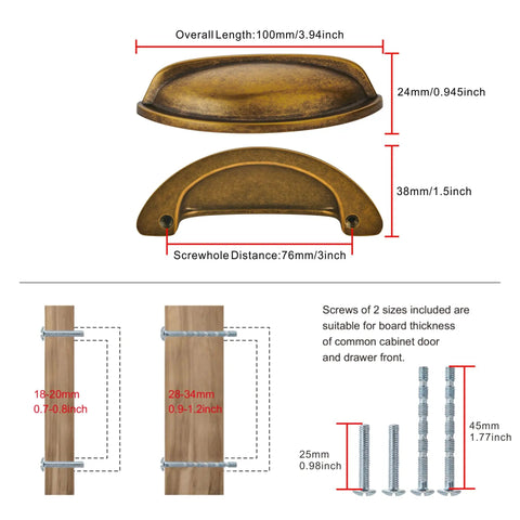 10 Pack 3 Inch Drawer Pulls In Vintage Antique Brass Finish For Cabinets And Drawers Kitchen Cup Pulls And Knobs With 3 Inch Hole Center Vintage Style Hardware For Cabinets And Dressers Wide Compatibility Rustic Kitchen Drawer Pulls Easy Install with measurements and screws shown