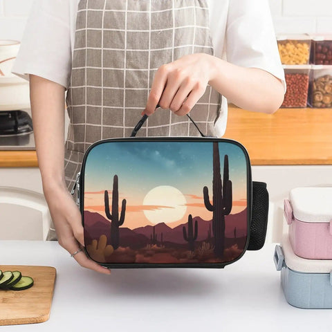 Hand holding Insulated Desert With Cactus Lunch Box With Leakproof Design Reusable Lunch Tote Bag With Extra Pockets Durable Cooler Lunch Container