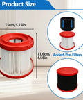 2 Pack 49-90-1900 Wet Dry Vacuum HEPA Filter Replacement For M18 Fuel Cordless Vacuums shown with size and foam sleeves.